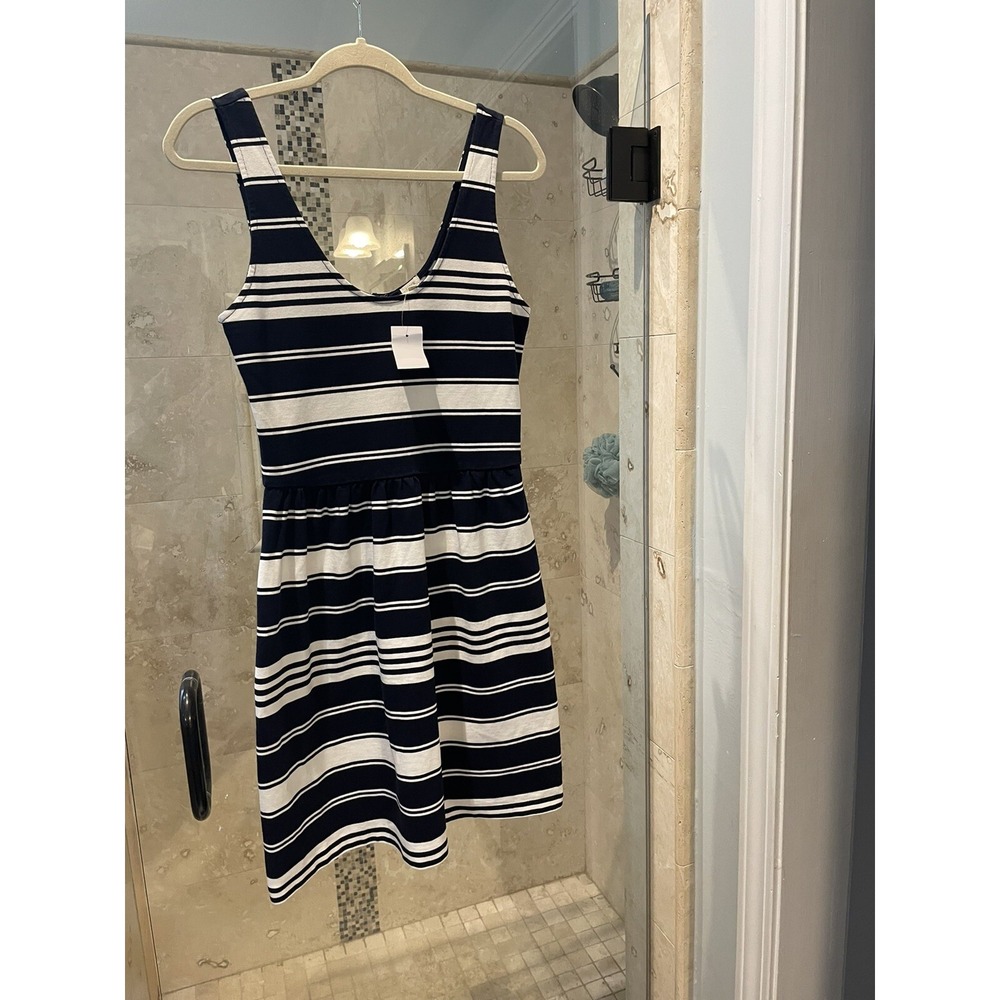 NEW J.Crew Size S Blue White Striped Dress Sleeveless Knee Cotton Blend Nautical